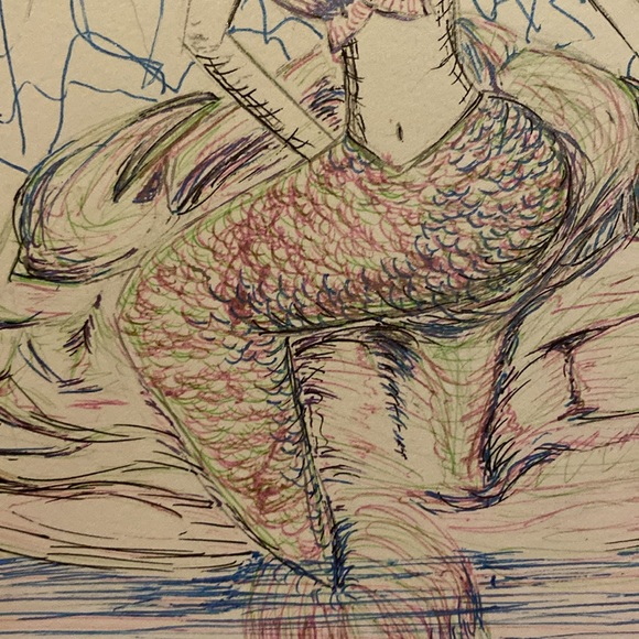 Unframed Original Art Drawing Illustration Ink & Gel Pen on Paper Mermaid By Sea - Picture 5 of 5